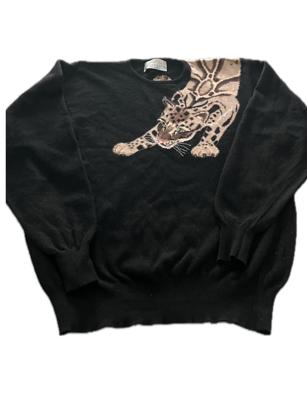 Ballantyne Black Crewneck Sweater with Beige Big Cat Motif